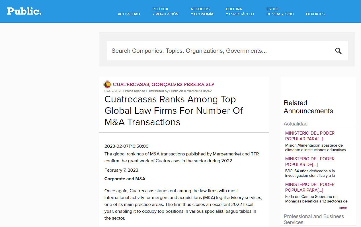 Cuatrecasas Ranks Among Top Global Law Firms For Number Of M&A Transactions